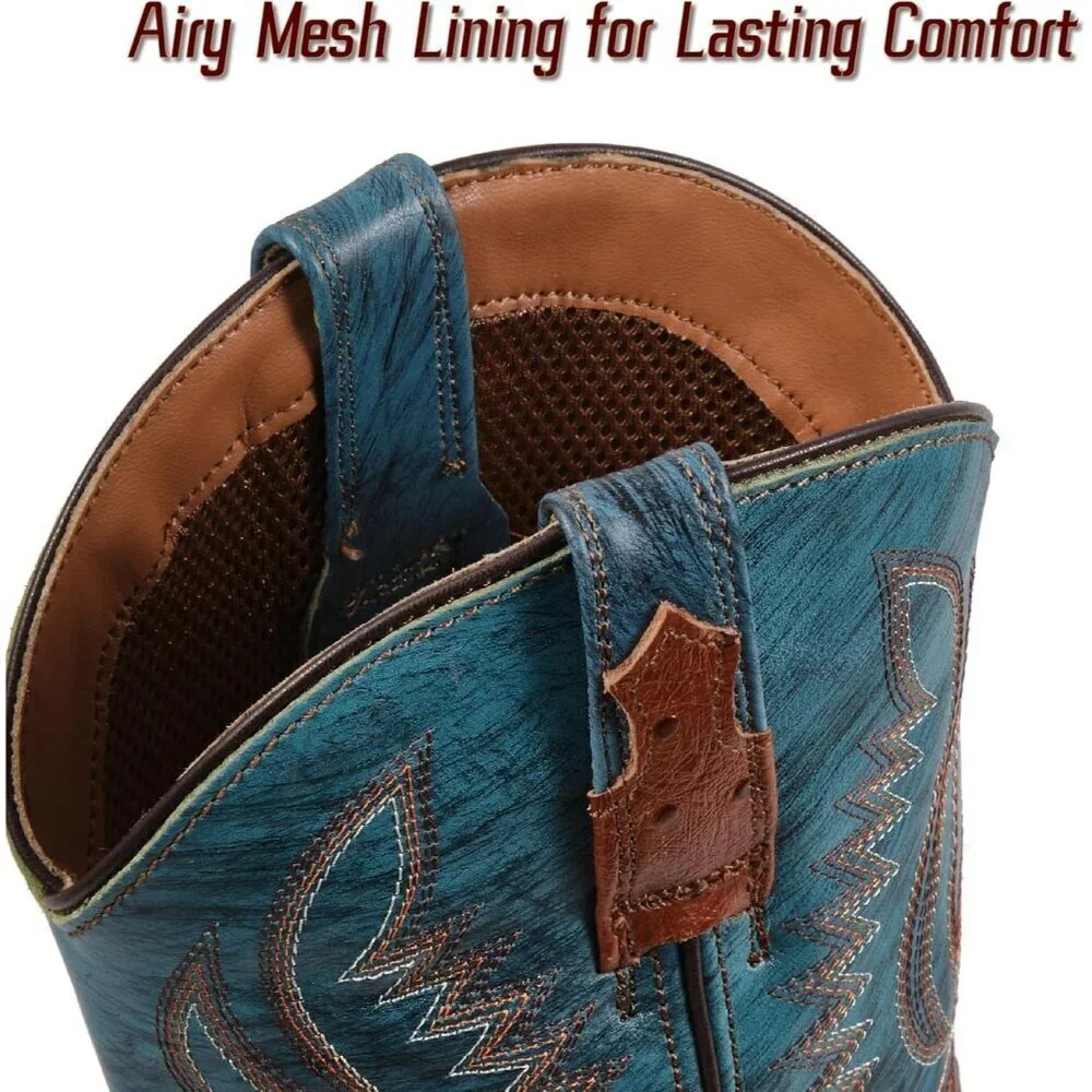 Men‘s Brandy Leather Cowboy Ostrich Patter Square Toe Embroidery Western Boots